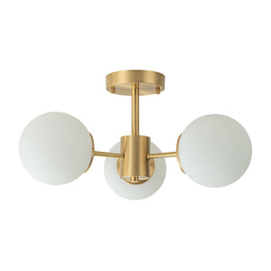LightFixturesUSA-Brass 3-Light Opal Glass Globe Semi Flush Mount-Ceiling Light-3-Lt-Brass
