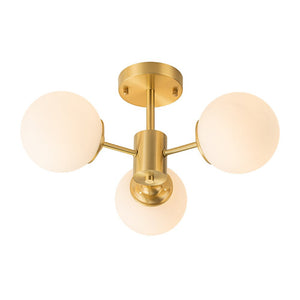 LightFixturesUSA-Brass 3-Light Opal Glass Globe Semi Flush Mount-Ceiling Light-3-Lt-Brass