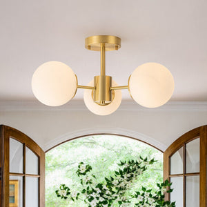 LightFixturesUSA-Brass 3-Light Opal Glass Globe Semi Flush Mount-Ceiling Light-3-Lt-Brass