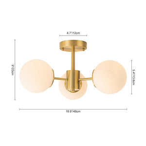 LightFixturesUSA-Brass 3-Light Opal Glass Globe Semi Flush Mount-Ceiling Light-3-Lt-Brass