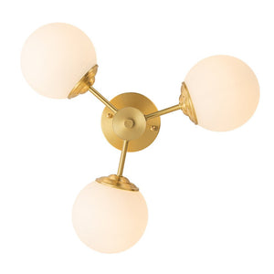 LightFixturesUSA-Brass 3-Light Opal Glass Globe Semi Flush Mount-Ceiling Light-3-Lt-Brass