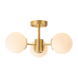 LightFixturesUSA-Brass 3-Light Opal Glass Globe Semi Flush Mount-Ceiling Light-3-Lt-Brass