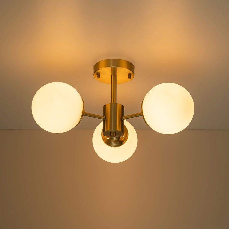 LightFixturesUSA-Brass 3-Light Opal Glass Globe Semi Flush Mount-Ceiling Light-3-Lt-Brass