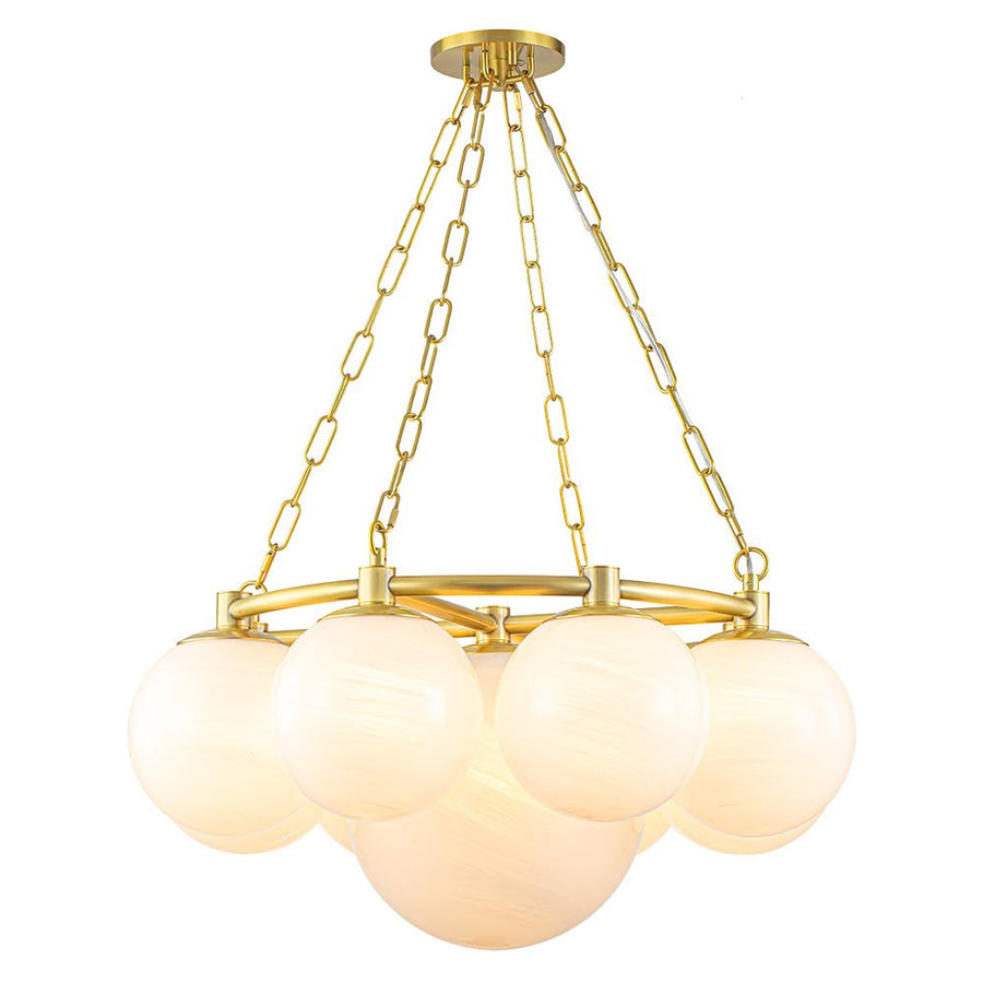 LightFixturesUSA-Brass 9-Light Alabaster Milky White Glass Globe Wheel chandelier-Chandelier-9-Lt-Brass