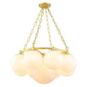 LightFixturesUSA-Brass 9-Light Alabaster Milky White Glass Globe Wheel chandelier-Chandelier-9-Lt-Brass