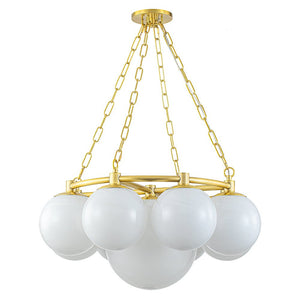 LightFixturesUSA-Brass 9-Light Alabaster Milky White Glass Globe Wheel chandelier-Chandelier-9-Lt-Brass