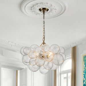 LightFixturesUSA-Brass Cluster Ribbed Glass Globe Bubble Chandelier-Chandelier-3-Lt-