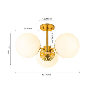LightFixturesUSA-Brass Daisy 3-Light Opal Glass Globe Semi Flush Light-Ceiling Light-Brass-