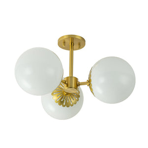 LightFixturesUSA-Brass Daisy 3-Light Opal Glass Globe Semi Flush Light-Ceiling Light-Brass-