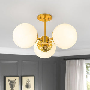 LightFixturesUSA-Brass Daisy 3-Light Opal Glass Globe Semi Flush Light-Ceiling Light-Brass-