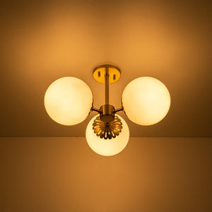 LightFixturesUSA-Brass Daisy 3-Light Opal Glass Globe Semi Flush Light-Ceiling Light-Brass-