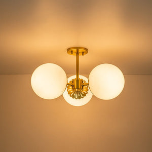 LightFixturesUSA-Brass Daisy 3-Light Opal Glass Globe Semi Flush Light-Ceiling Light-Brass-