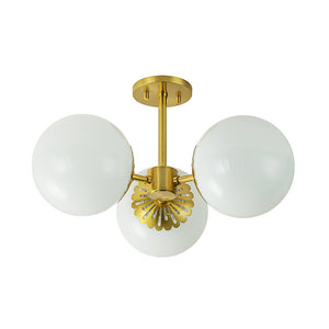 LightFixturesUSA-Brass Daisy 3-Light Opal Glass Globe Semi Flush Light-Ceiling Light-Brass-