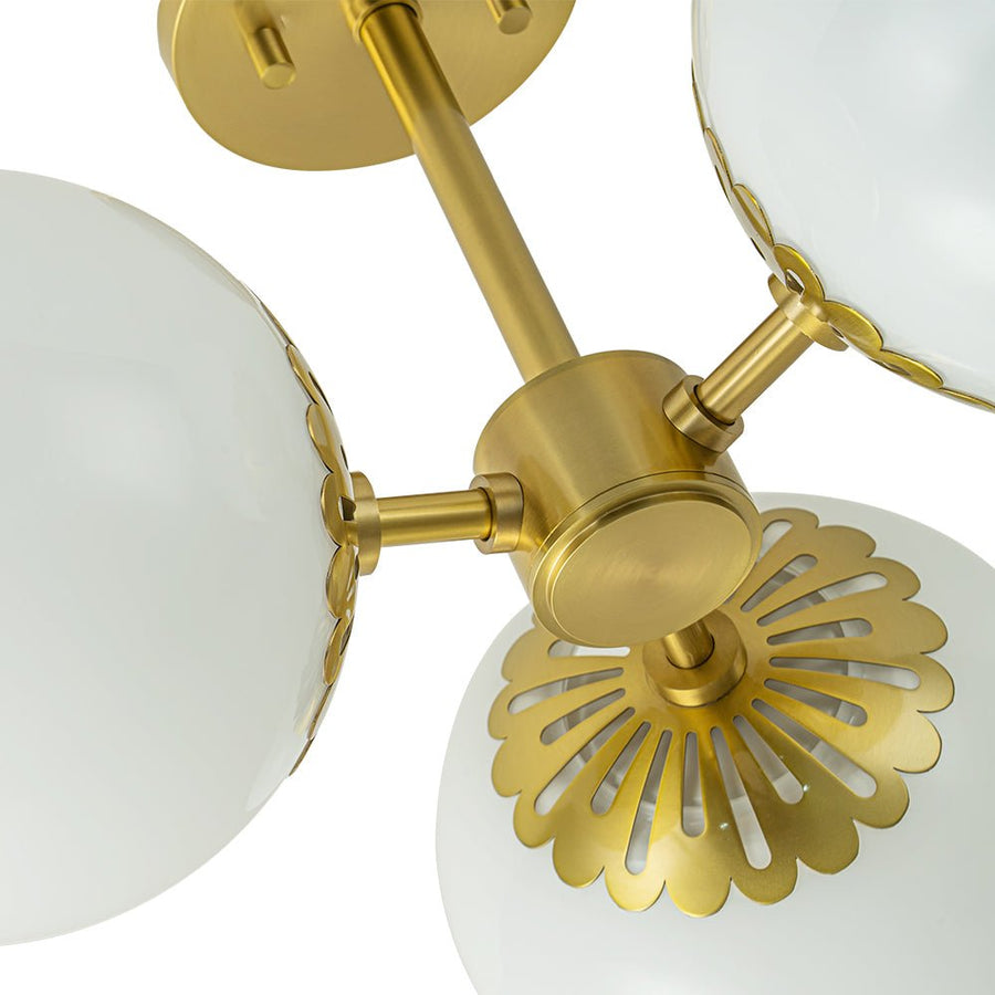 LightFixturesUSA-Brass Daisy 3-Light Opal Glass Globe Semi Flush Light-Ceiling Light-Brass-