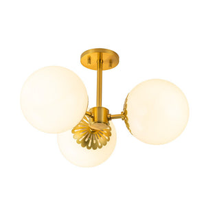 LightFixturesUSA-Brass Daisy 3-Light Opal Glass Globe Semi Flush Light-Ceiling Light-Brass-