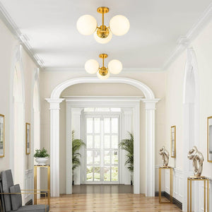 LightFixturesUSA-Brass Daisy 3-Light Opal Glass Globe Semi Flush Light-Ceiling Light-Brass-