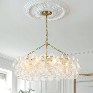 LightFixturesUSA-Brass Halo Ribbed Glass Globe Bubble Ring Chandelier-Chandelier-8-Lt-