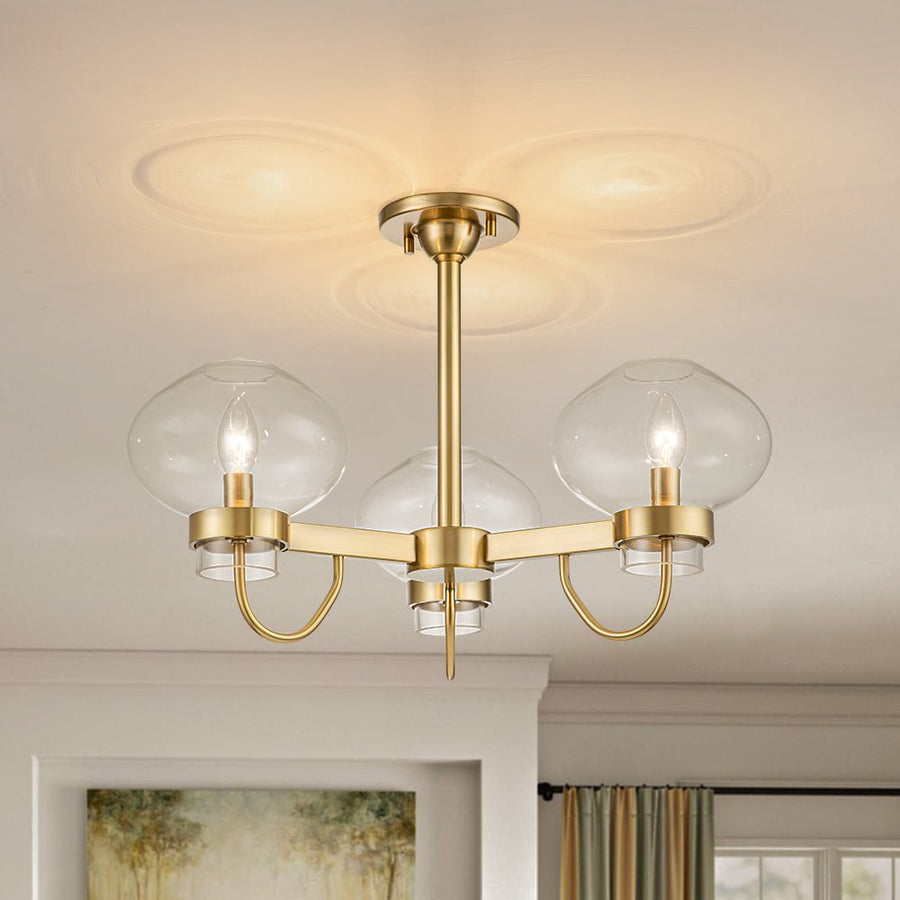 LightFixturesUSA-Candle Style 3-Light Clear Glass Shade Sputnik Ceiling Light-Ceiling Light-Brass-