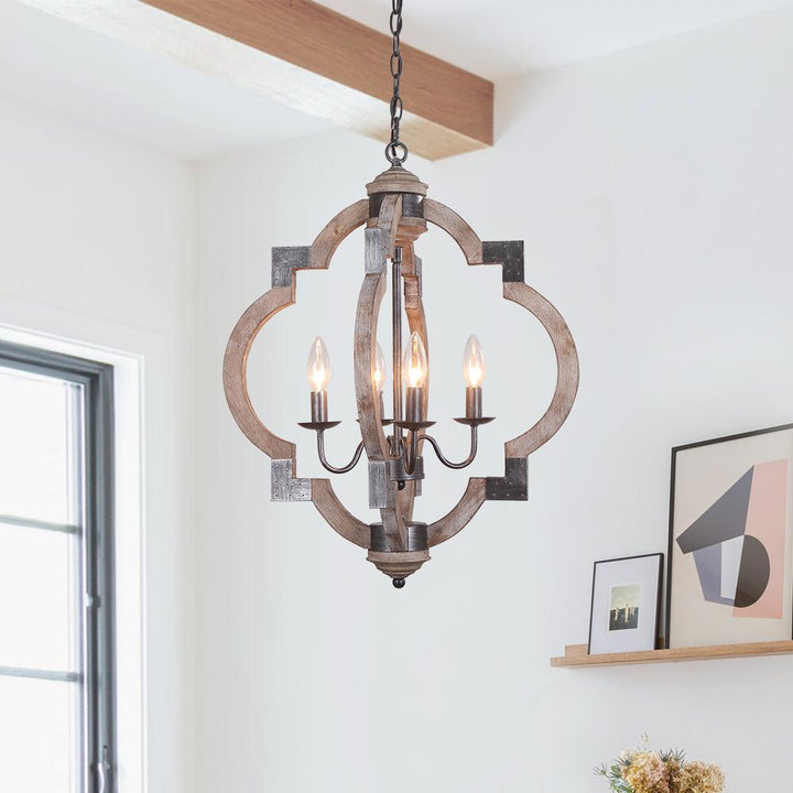 LightFixturesUSA-Candle Style Wood Quatrefoil Chandelier-Chandelier--
