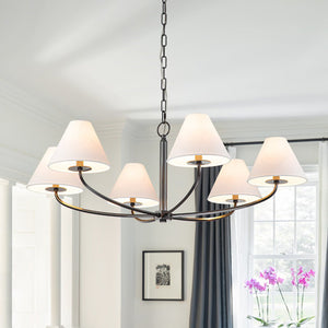 LightFixturesUSA-Classic French 6-Light White Linen Shade Chandelier-Chandelier-6-Lt-Black