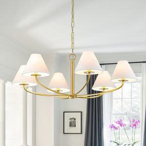 LightFixturesUSA-Classic French 6-Light White Linen Shade Chandelier-Chandelier-6-Lt-Brass