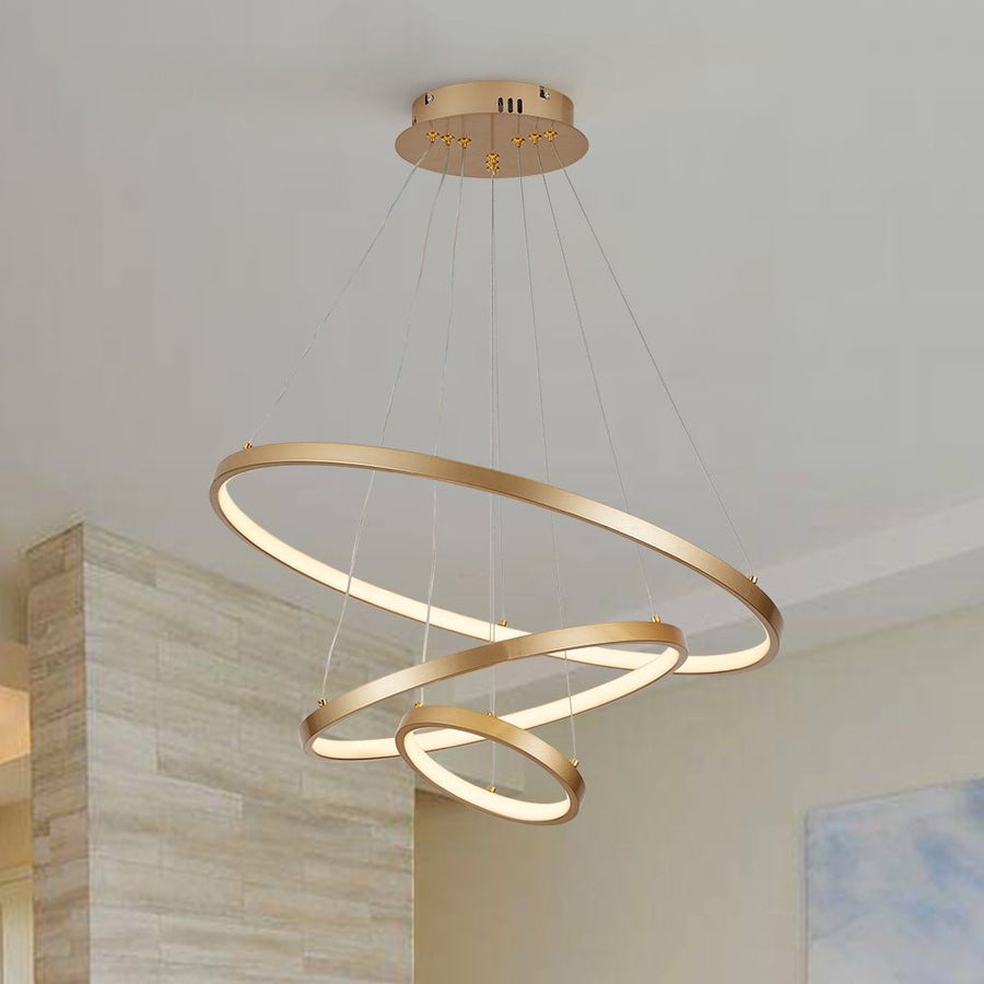 LightFixturesUSA-Contemporary Adjustable 3-Tier LED Circle Light-Chandelier-Brass-