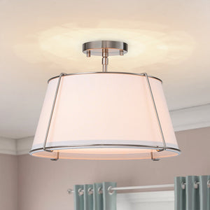 LightFixturesUSA-Contemporary Wide Linen Drum Brass Semi Flush Mount-Ceiling Light-4-Lt-Nickel (Pre-Order)