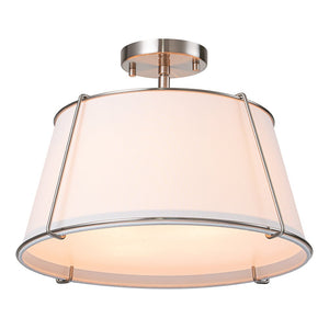 LightFixturesUSA-Contemporary Wide Linen Drum Brass Semi Flush Mount-Ceiling Light-4-Lt-Nickel (Pre-Order)