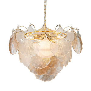 LightFixturesUSA-French Gold Layered Ginkgo Leaf Textured Glass Chandelier-Chandelier-Gold-