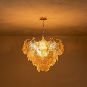 LightFixturesUSA-French Gold Layered Ginkgo Leaf Textured Glass Chandelier-Chandelier-Gold-