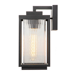 LightFixturesUSA-IP23 1-Light Black Ribbed Glass Outdoor Wall Lantern-Wall Sconce-1 Light-Matte Black