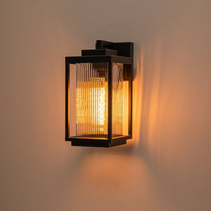 LightFixturesUSA-IP23 1-Light Black Ribbed Glass Outdoor Wall Lantern-Wall Sconce-1 Light-Matte Black