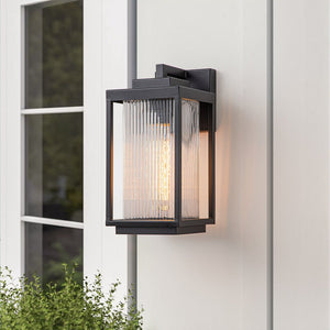 LightFixturesUSA-IP23 1-Light Black Ribbed Glass Outdoor Wall Lantern-Wall Sconce-1 Light-Matte Black