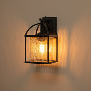 LightFixturesUSA-IP23 1-Light Black Textured Glass Outdoor Wall Lantern-Wall Sconce-1 Light-Matte Black