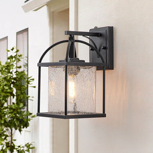 LightFixturesUSA-IP23 1-Light Black Textured Glass Outdoor Wall Lantern-Wall Sconce-1 Light-Matte Black