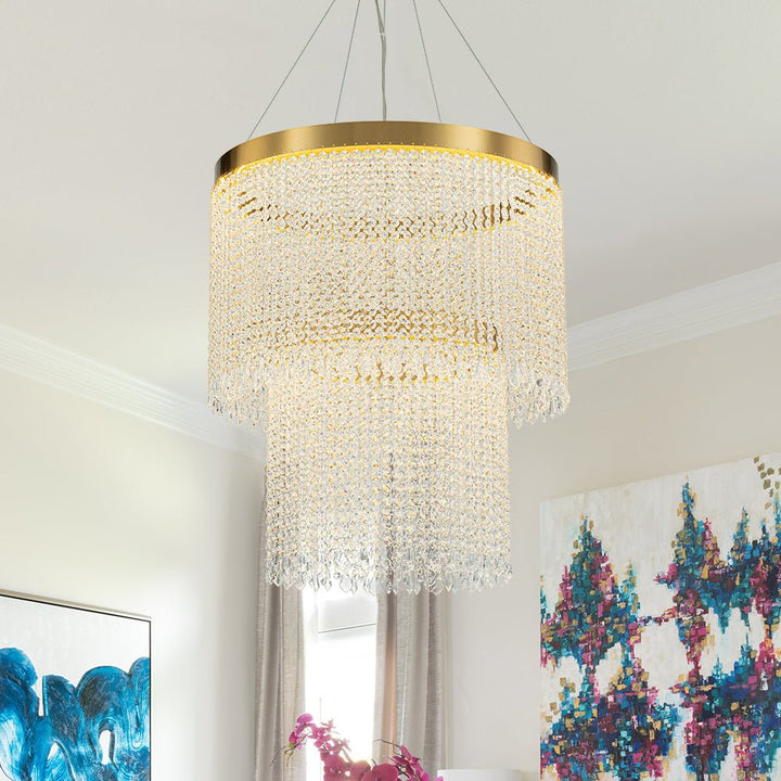 LightFixturesUSA-Luxury 2-Tier LED Cascade Crystal Round Chandelier-Chandelier-Brass (Pre-Order)-