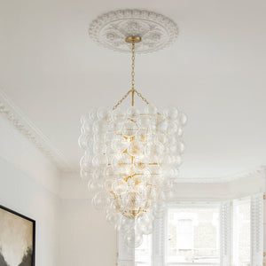 LightFixturesUSA-Luxury Cascade Cluster Ribbed Glass Bubble Entry Chandelier-Chandelier-Brass-