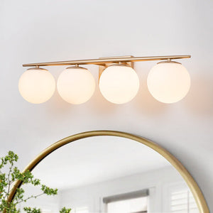 LightFixturesUSA-Mid-century Opal Glass Globe Gold Vanity Light-Wall Sconce-Gold-4-Lt