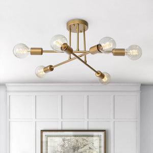 LightFixturesUSA-Mid-century Sputnik Semi Flush Mount Brass Chandelier-Ceiling Light--