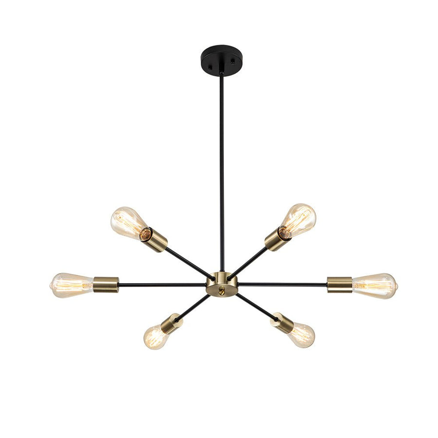 LightFixturesUSA-Minimalist Mid-Century Linear Sputnik Light Fixture-Chandelier-6-Lt-Black+Brass