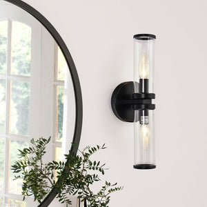 LightFixturesUSA-Modern 2-Light Double Glass Cylinder Wall Light-Wall Sconce-Black-