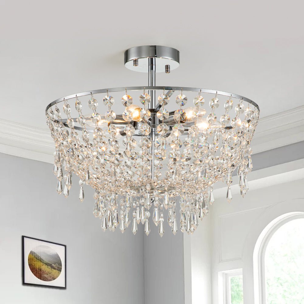 Modern Chrome Bowl Crystal Semi Flush Chandelier | LightFixturesUSA | 6 ...