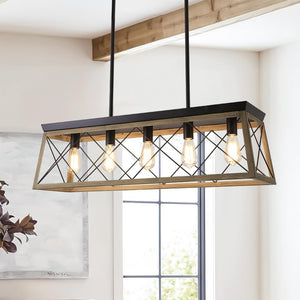 LightFixturesUSA-Modern Farmhouse 5-light Kitchen Island Linear Pendant-Chandelier-Beige Grey-