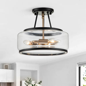 LightFixturesUSA-Modern Farmhouse Drum Glass Semi Flush Mount-Ceiling Light--