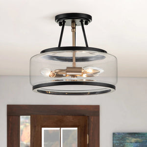 LightFixturesUSA-Modern Farmhouse Drum Glass Semi Flush Mount-Ceiling Light--