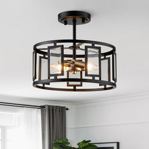 LightFixturesUSA-Modern Farmhouse Drum Lantern Semi Flush Mount-Ceiling Light--