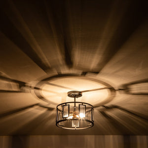 LightFixturesUSA-Modern Farmhouse Drum Lantern Semi Flush Mount-Ceiling Light--