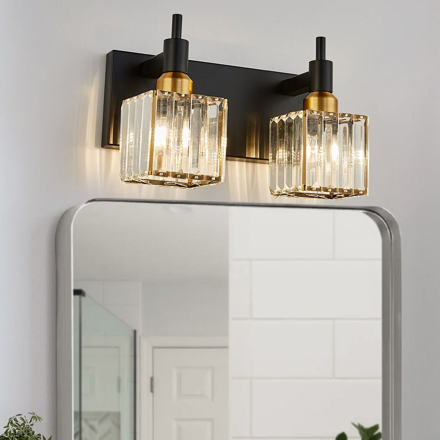 LightFixturesUSA-Modern Glam Crystal Bathroom Vanity Light-Wall Sconce-Black+Gold-2-Lt