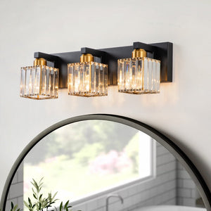LightFixturesUSA-Modern Glam Crystal Bathroom Vanity Wall Lamp-Wall Sconce-Black+Gold-3-Lt