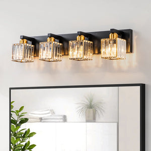 LightFixturesUSA-Modern Glam Crystal Bathroom Vanity Wall Lamp-Wall Sconce-Black+Gold-4-Lt
